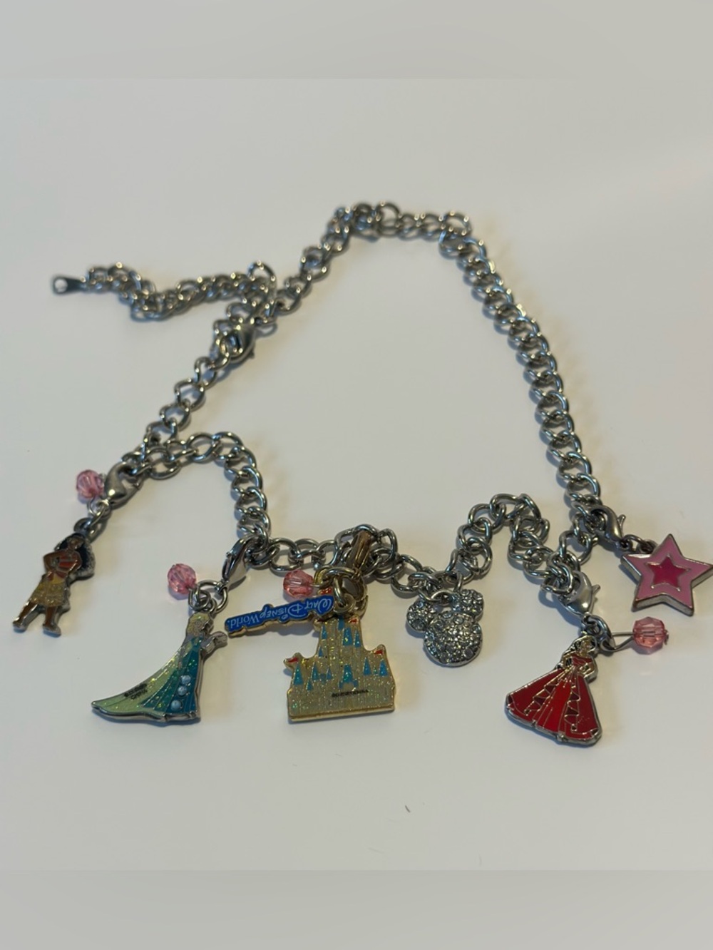 Disney Silver Charm Necklace with Pink, Red, Blue, Gold Accents Cinderella